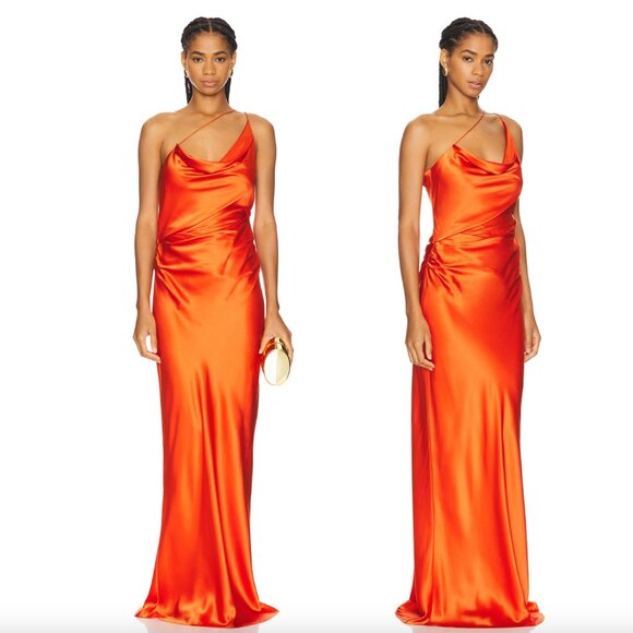 NEW The Sei One Shoulder Cowl Gown Poppy Orange Silk Formal Maxi Dress Satin 2